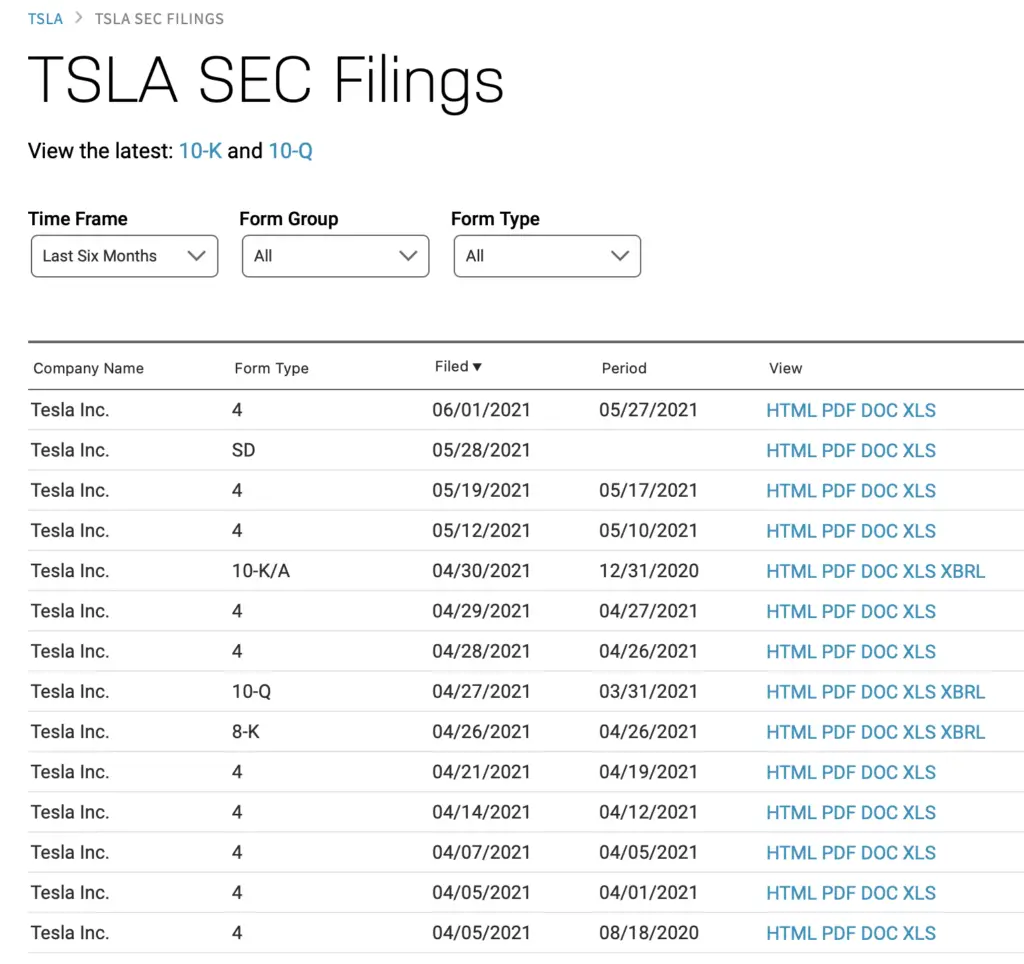 SEC filing of Tesla as an example